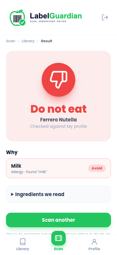 Nutella, flagged for milk